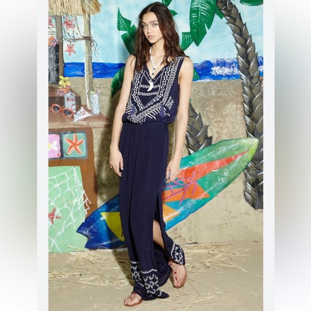 Nicole Miller Silk Embroidered Midnight Blue Maxi Sleeveless Dress sz M